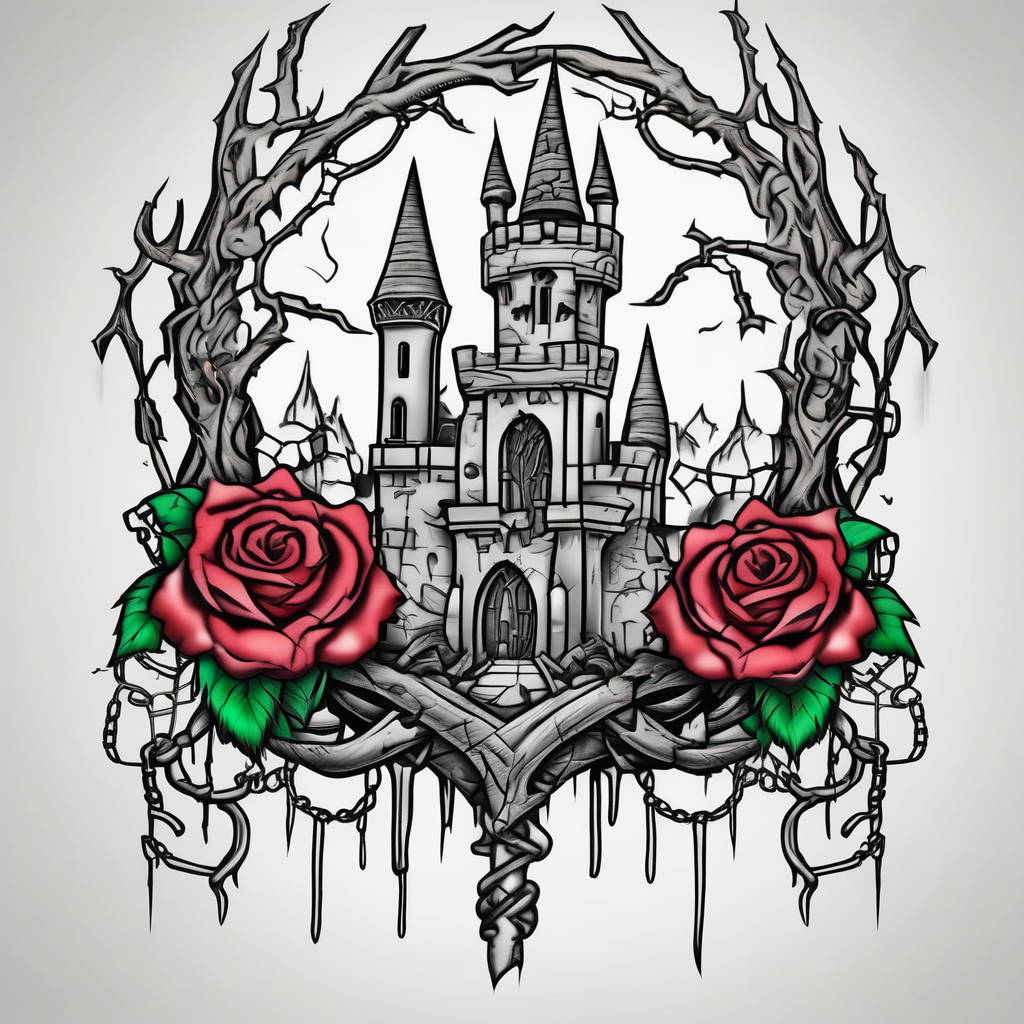 tattoo fool sleeve, old broken gothic castle, broken sword, tree roots break out of the chains, roses glitter tattoo, design de tatouage Cartoon généré par IA